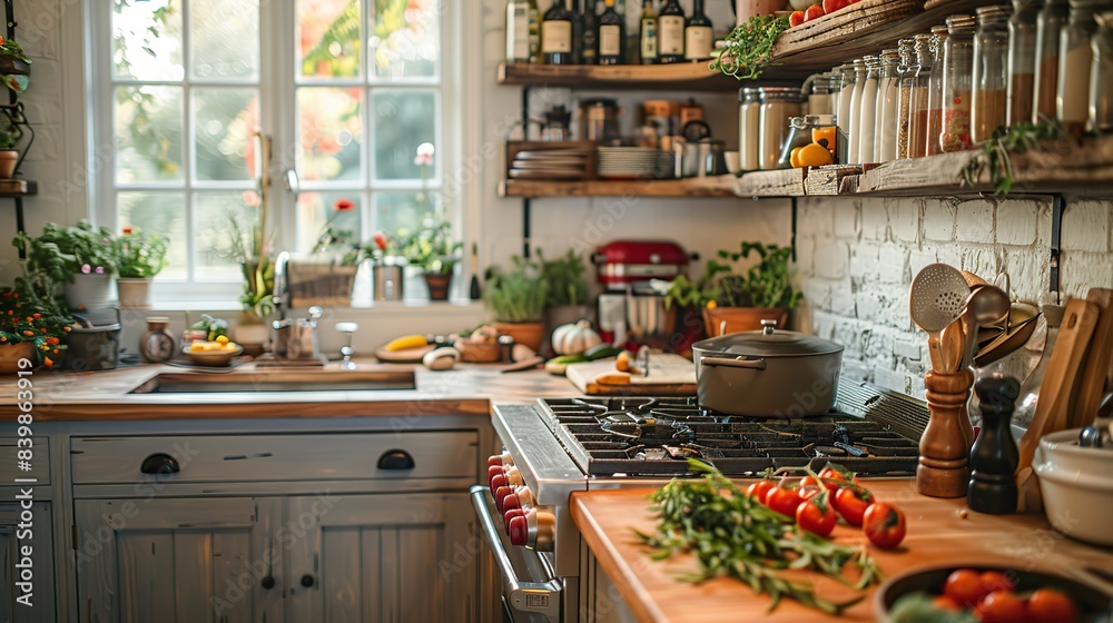 Detailed view of a kitchen with a hanging pot rack and utensils. Detailed view of a kitchen with a hanging pot rack and utensils.