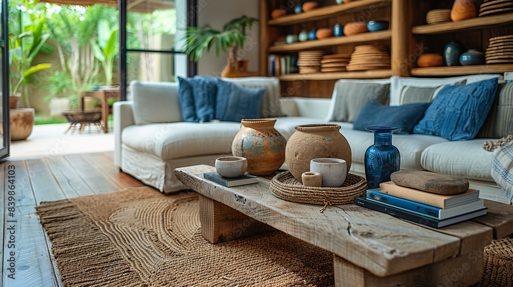 Detailed view of a living room with a coffee table and a stack of books. Detailed view of a living room with a coffee table and a stack of books.