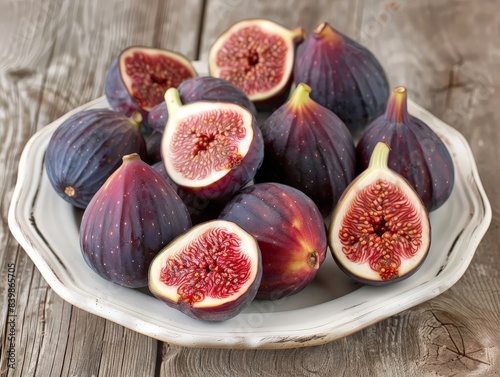 Assortment of fresh ripe figs on a wooden plate