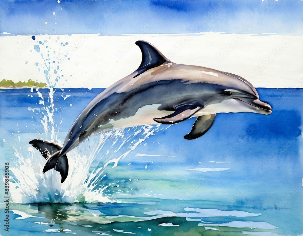 Obraz premium Watercolor painting of a playful dolphin leaping out of the water