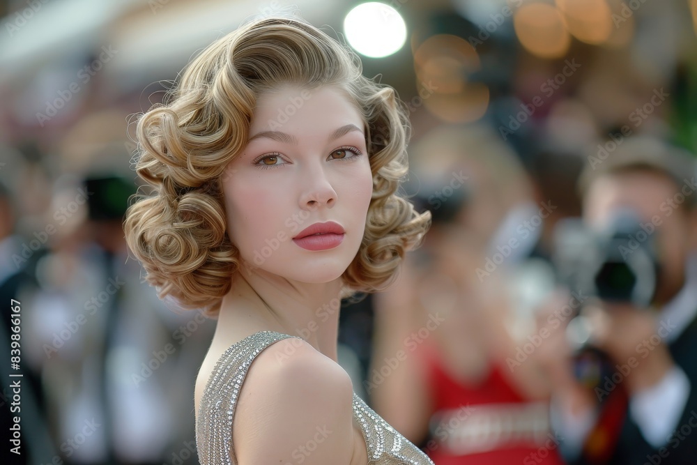 Naklejka premium Glamorous woman with curly blonde hair and red lips