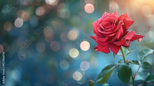 A red rose is the main focus of the image  with a blue background and a blurry effect. The rose is the center of attention and the blue background adds a calming and serene atmosphere to the scene