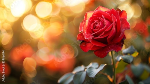 A red rose is the main focus of the image  with a blue background and a blurry effect. The rose is the center of attention and the blue background adds a calming and serene atmosphere to the scene