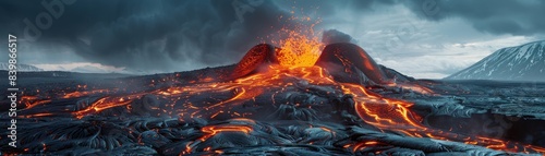 A volcano with lava spewing out of it. The volcano is surrounded by mountains and the sky is cloudy photo