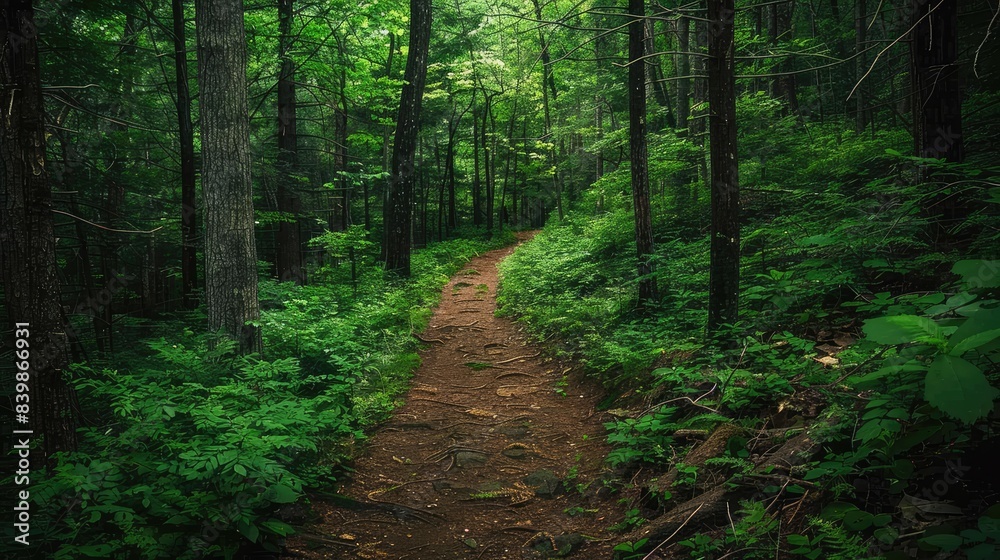 Wooded trail bordered by foliage Wooded trail bordered by foliage