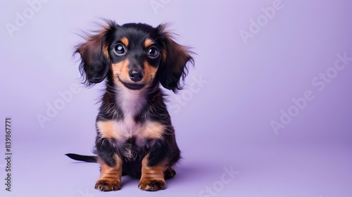 Cute Dachshund Puppy Sitting on Lavender Background with Clear Space © LookChin AI