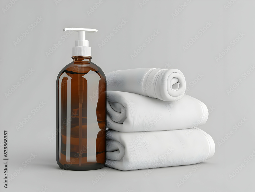 3D Liquid soap bottle with towels mockup 3D Liquid soap bottle with towels mockup
