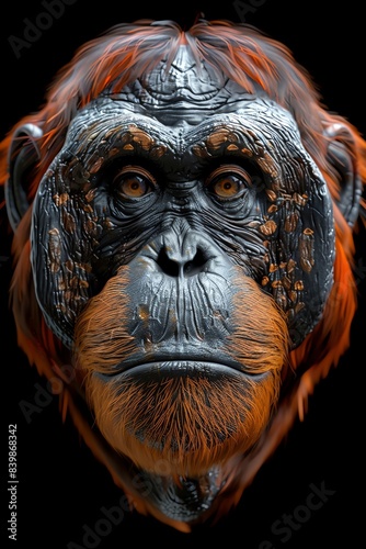 a 3D render of a symmetrical orangutan head and neck, no background, symmetrical art photo