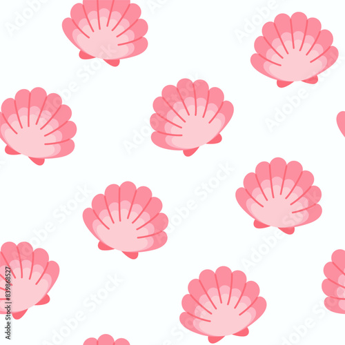 Cute marine seamless pattern with seashells in cartoon design. Flat vector illustration.
