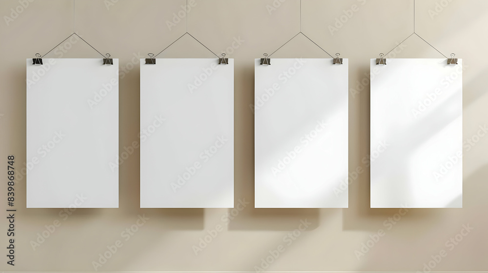 White blank posters hanging on binders A4 paper page, sheet on wall Vector mockup White blank posters hanging on binders A4 paper page, sheet on wall Vector mockup