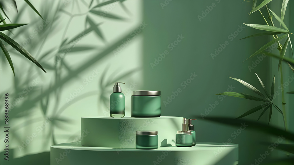 Green podium mockup with cosmetics Green podium mockup with cosmetics