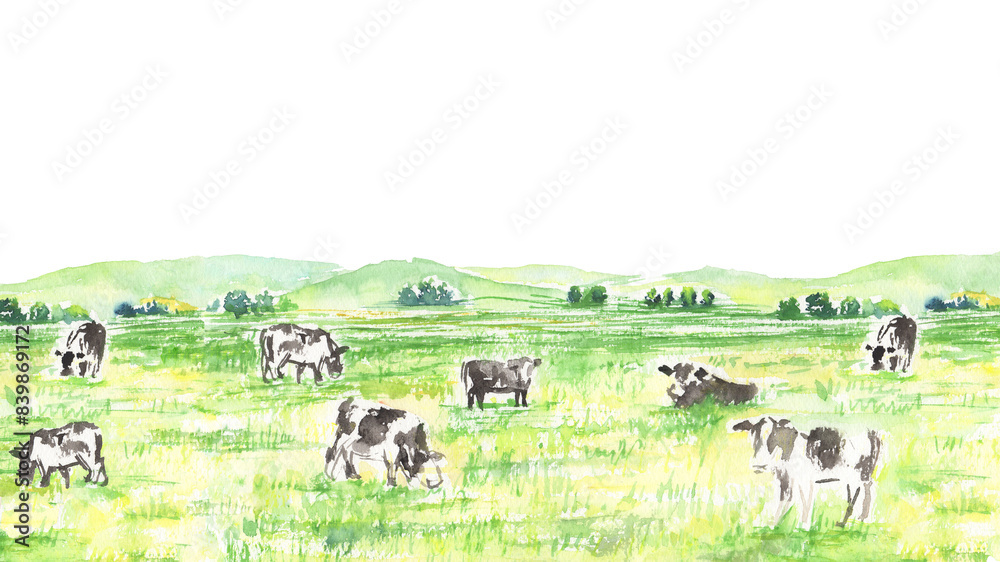 水彩で描いたのどかな牧草地と牛の風景イラスト
