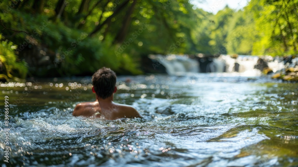 Man swimming in forest river near waterfalls Man swimming in forest river near waterfalls