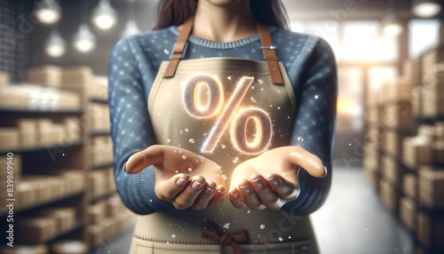 Happy Store Woman Employee with Sparkling 3D Percent Symbol photo