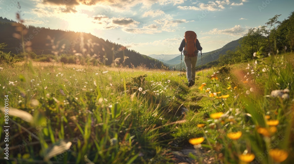 Person hiking on scenic trail through lush green meadow under sunny sky Person hiking on scenic trail through lush green meadow under sunny sky