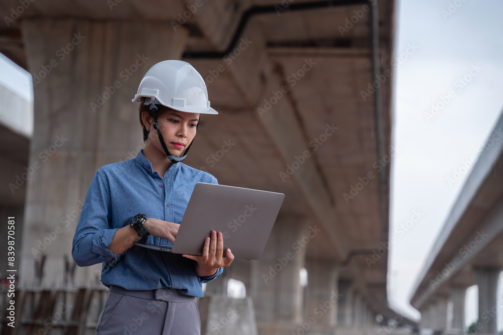 Asian female supervisor engineer working on her laptop under an overpass under construction, reviewing plans and making critical adjustments for the project.