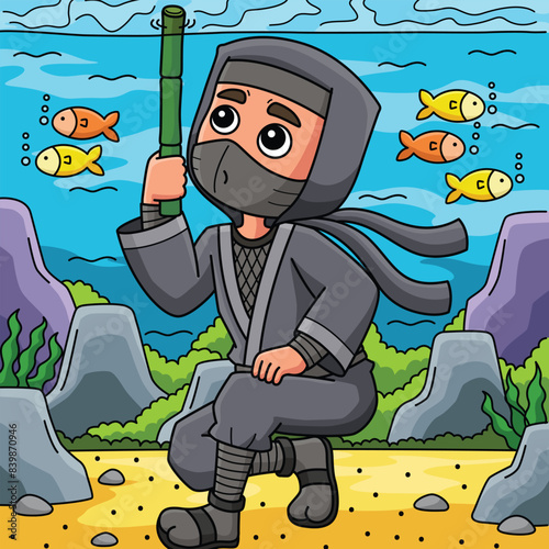 Ninja Hiding Under the Water Colored Cartoon