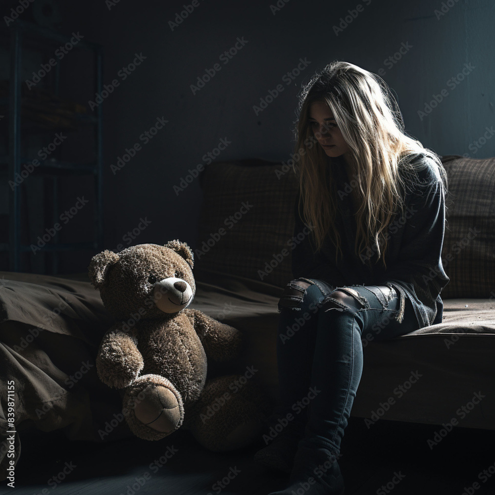 © lakshika - Depressed girl with teddy bear, mental health concept