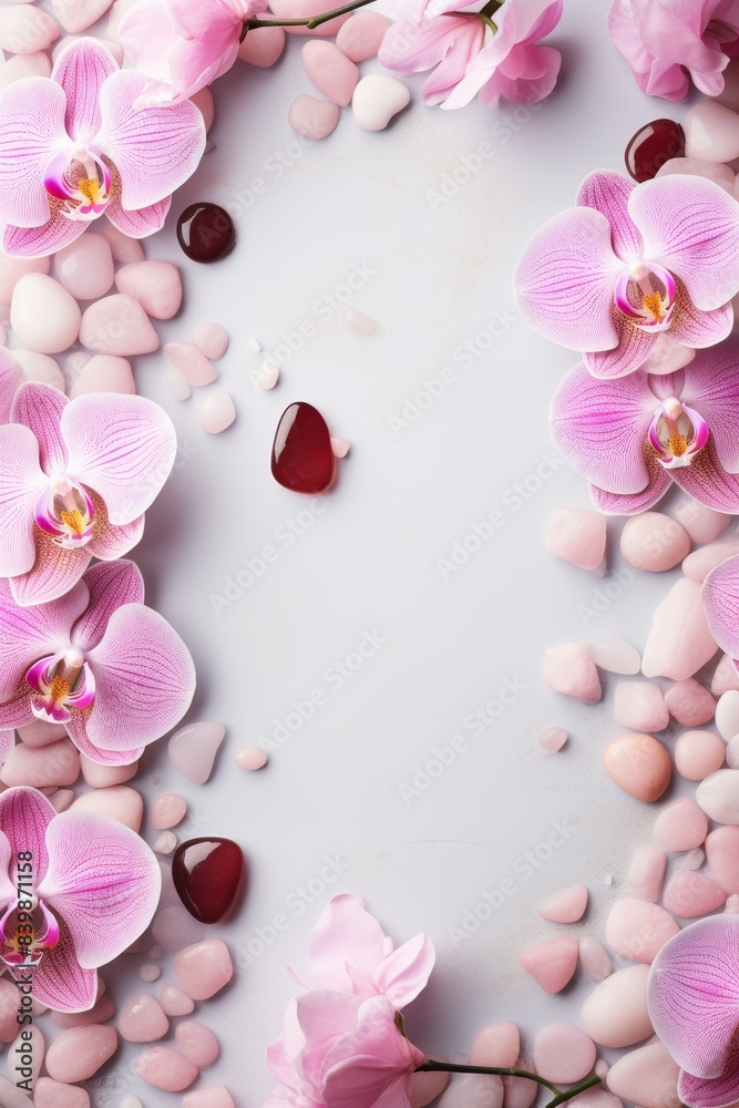 Pink and white flowers with rocks in the background. The flowers are arranged in a way that they are not overlapping each other. The rocks are scattered around the flowers, creating a sense of balance Pink and white flowers with rocks in the background. The flowers are arranged in a way that they are not overlapping each other. The rocks are scattered around the flowers, creating a sense of balance