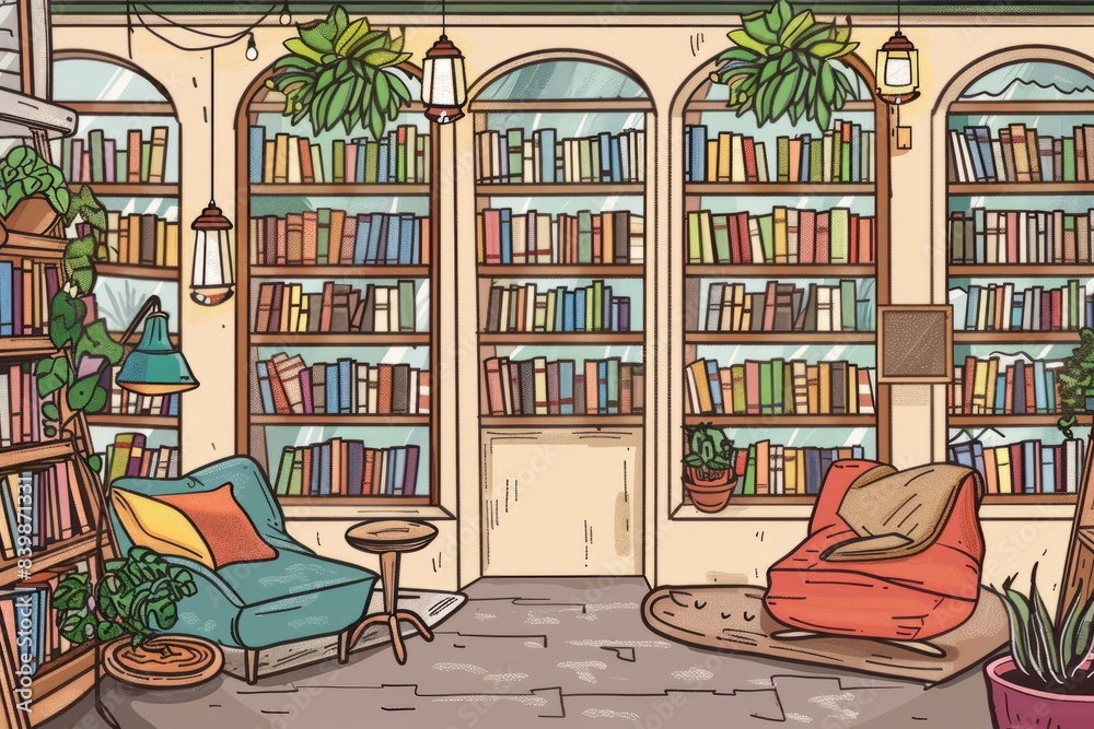 Cartoon cute doodles of a cozy bookstore on a quiet street, with shelves full of books and comfy chairs, Generative AI Cartoon cute doodles of a cozy bookstore on a quiet street, with shelves full of books and comfy chairs, Generative AI