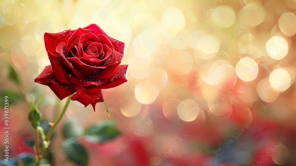 A red rose is the main focus of the image, with a blurry background and a pinkish-red hue. The rose is the center of attention A red rose is the main focus of the image, with a blurry background and a pinkish-red hue. The rose is the center of attention
