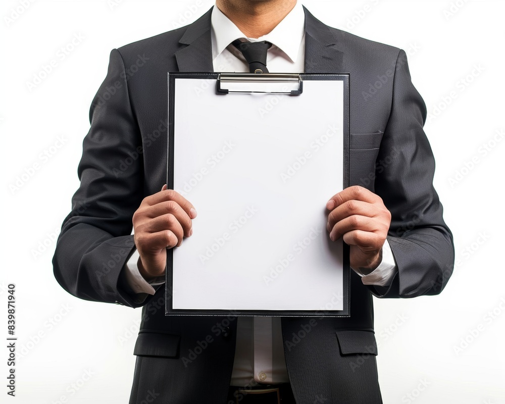 Businessman holds a clipboard, a symbol of organization and management. Businessman holds a clipboard, a symbol of organization and management.