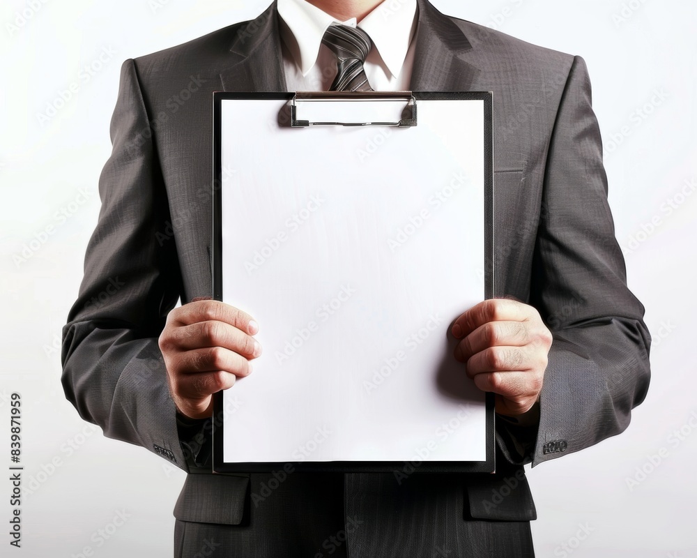 Businessman holds a clipboard, a symbol of organization and management. Businessman holds a clipboard, a symbol of organization and management.