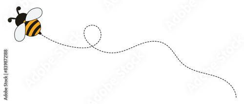 Bee on dotted route, bumblebee fly on dotted line path, white background. Happy bee on dotted route to honey or hive, bee on dot line way for journey travel or delivery logistics. eps 10