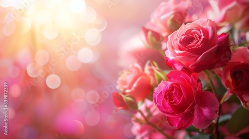 A red rose is the main focus of the image  with a blurry background and a pinkish-red hue. The rose is the center of attention