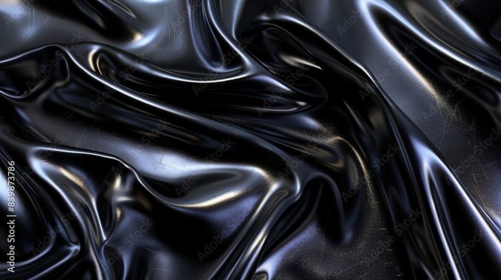 Black 3D render of dark and black silk displaying white iridescent holographic foil against a backdrop of black abstract pattern