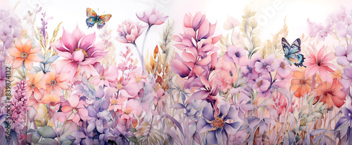 Watercolor pattern of a landscape of blossoms, flower branches and butterflies with a sky background	 photo