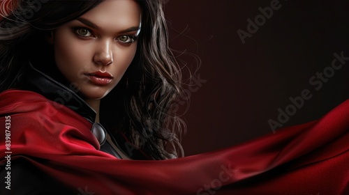 Powerful superhero beautiful women,hair black in theme costume with cloak.AI generated image photo