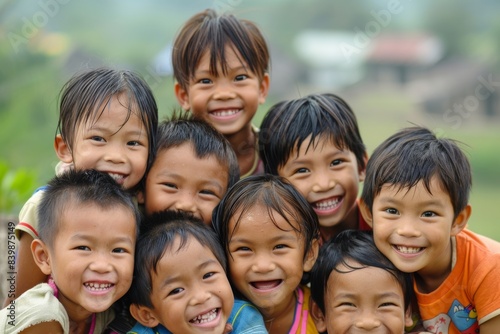Group of happy asian children smiling and looking at the camera. © Loli