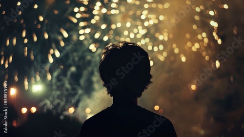 Silhouette of person watching fireworks light up night sky