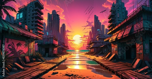 sci-fi boardwalk beach ocean sunset. cyberpunk lo fi city buildings by sea pier with waves of water on island shoreline urban tropical cityscape summer.