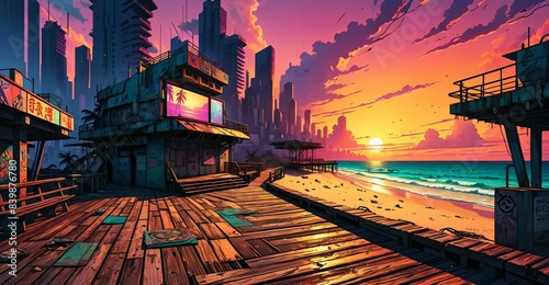 sci-fi boardwalk beach ocean sunset. cyberpunk lo fi city buildings by sea pier with waves of water on island shoreline urban tropical cityscape summer.