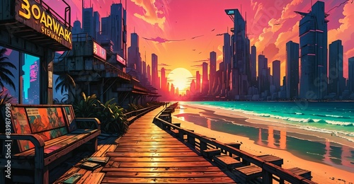 sci-fi boardwalk beach ocean sunset. cyberpunk lo fi city buildings by sea pier with waves of water on island shoreline urban tropical cityscape summer.