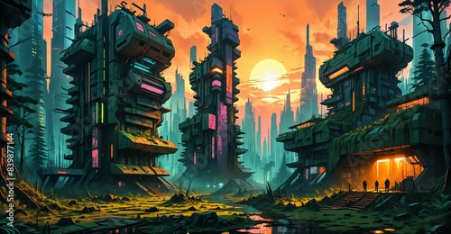 gothic baroque cyberpunk city tower building palace at sunset. sci-fi lo-fi futuristic society goth overgrown architecture. fantasy landscape.