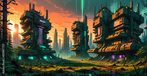 gothic baroque cyberpunk city tower building palace at sunset. sci-fi lo-fi futuristic society goth overgrown architecture. fantasy landscape.