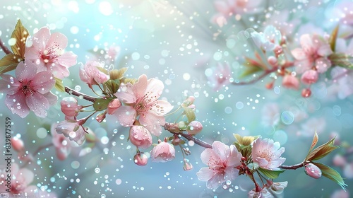 Cherry Blossoms, Pink Flowers with Green Leaves on Branches, White Dew Drops, and a Sparkling Light Blue Background, in the Fantasy Style, Digital Art, High Resolution, High Quality, with High Detail