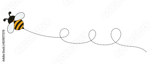 Bee on dotted route, bumblebee fly on dotted line path, white background. Happy bee on dotted route to honey or hive, bee on dot line way for journey travel or delivery logistics. eps 10