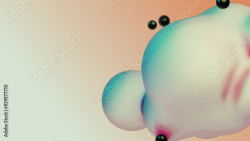 Liquid fluid dynamic abstract animated white metaball floating spheres blobs drops bubbles in transition deformation beige background with black little pearls 3d render for presentation business adds