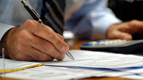 An individual protecting their income by reviewing insurance policies and financial plans, with documents and a calculator in a professional office setting