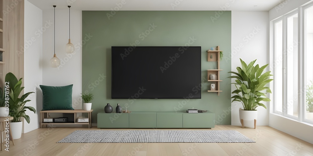 Fototapeta premium Frame mockup, Pastel TV room with green armchair and decoration accessory. 3D render