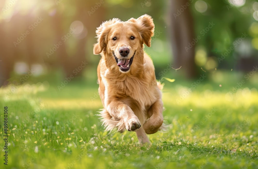 Happy Golden Retriever Running Towards Camera in a Green Park During Golden Hour Happy Golden Retriever Running Towards Camera in a Green Park During Golden Hour