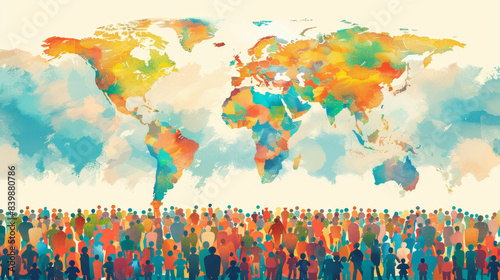 Colorful Abstract Artwork Depicting Global Population Diversity Over a World Map Background