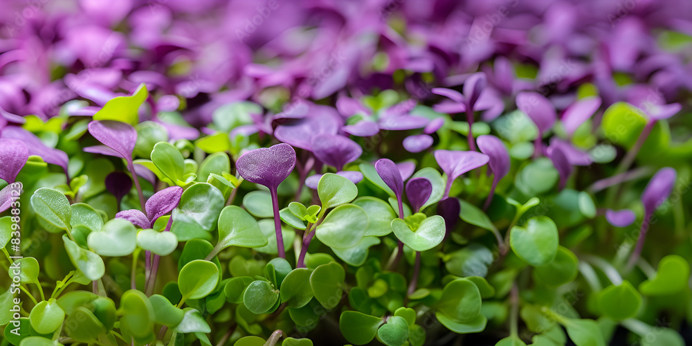 Close-up of vibrant purple and green microgreens in a fresh garden, High-detail image of colorful microgreens in an organic growing environment Close-up of vibrant purple and green microgreens in a fresh garden, High-detail image of colorful microgreens in an organic growing environment