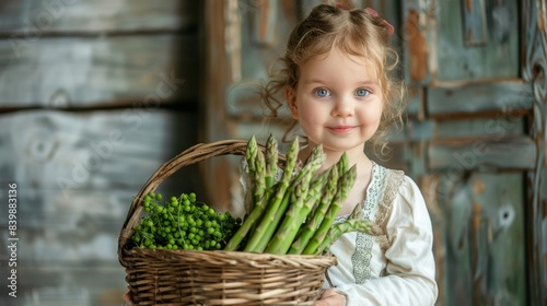boy with a bunch of green asparagus and a basket of peas in pods generative ai