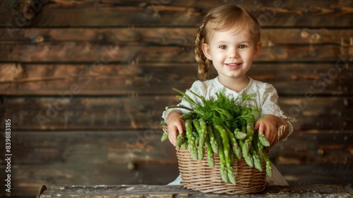 boy with a bunch of green asparagus and a basket of peas in pods generative ai