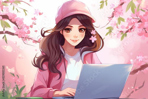 Beautiful cartoon Asian woman with a cute face working on a laptop in a stylish and modern setting.